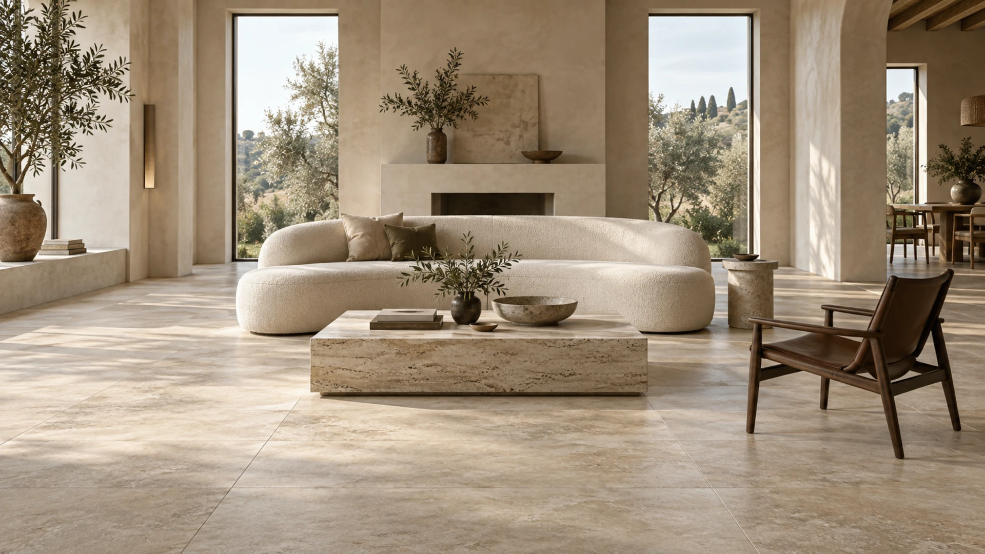Conceptual Mediterranean-inspired living room with ivory seating and limestone-look flooring