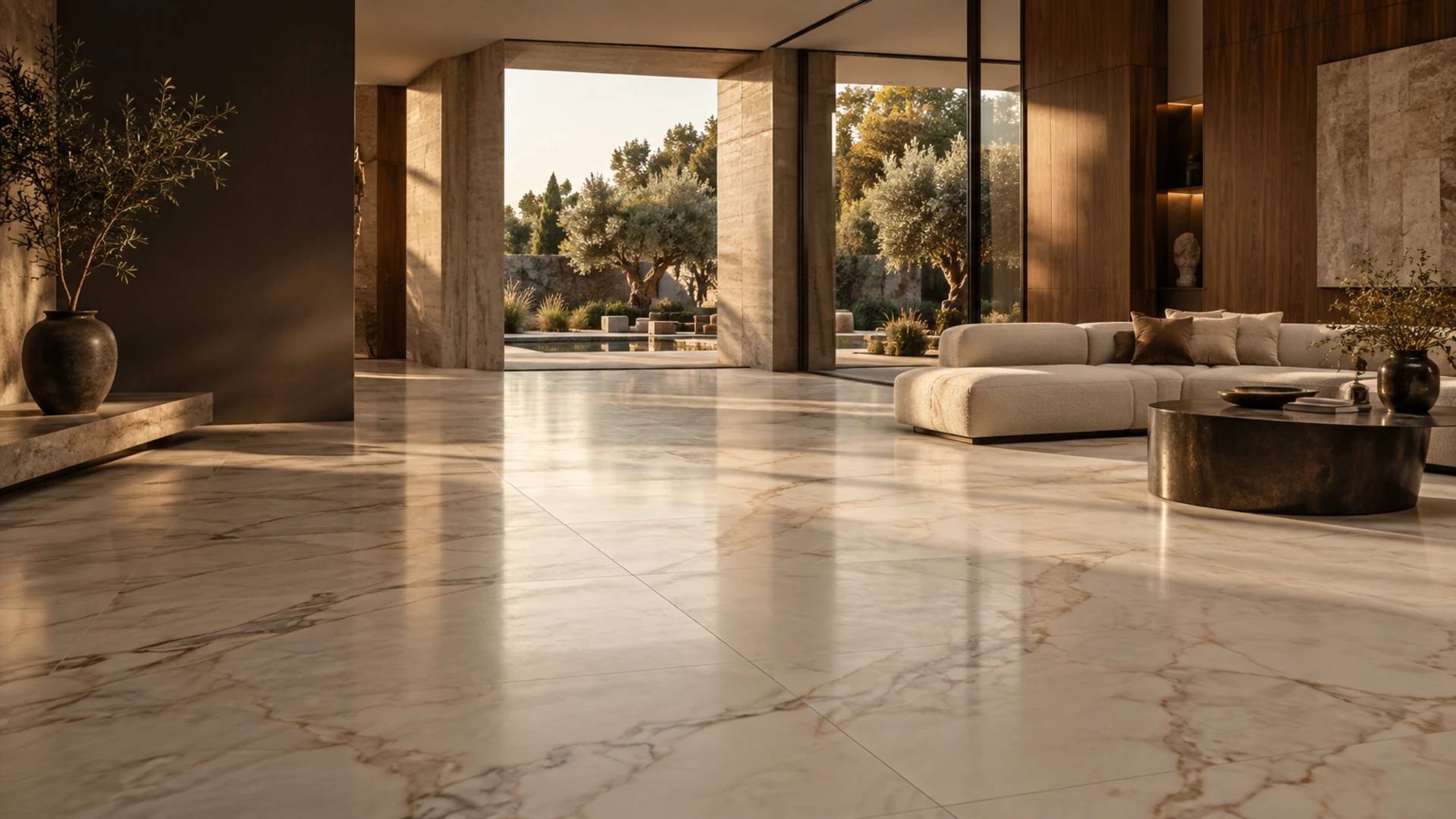 Conceptual Italian villa with marble-look flooring, walnut walls and a sunlit courtyard