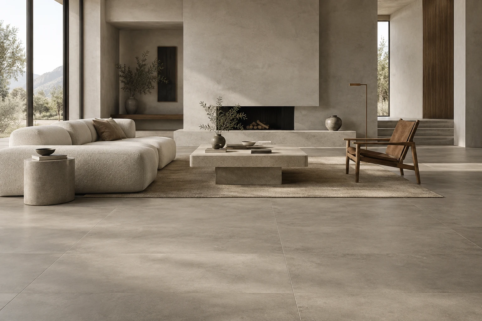 AI-generated design inspiration: a soft brutalist living room with warm grey concrete-look tile flooring