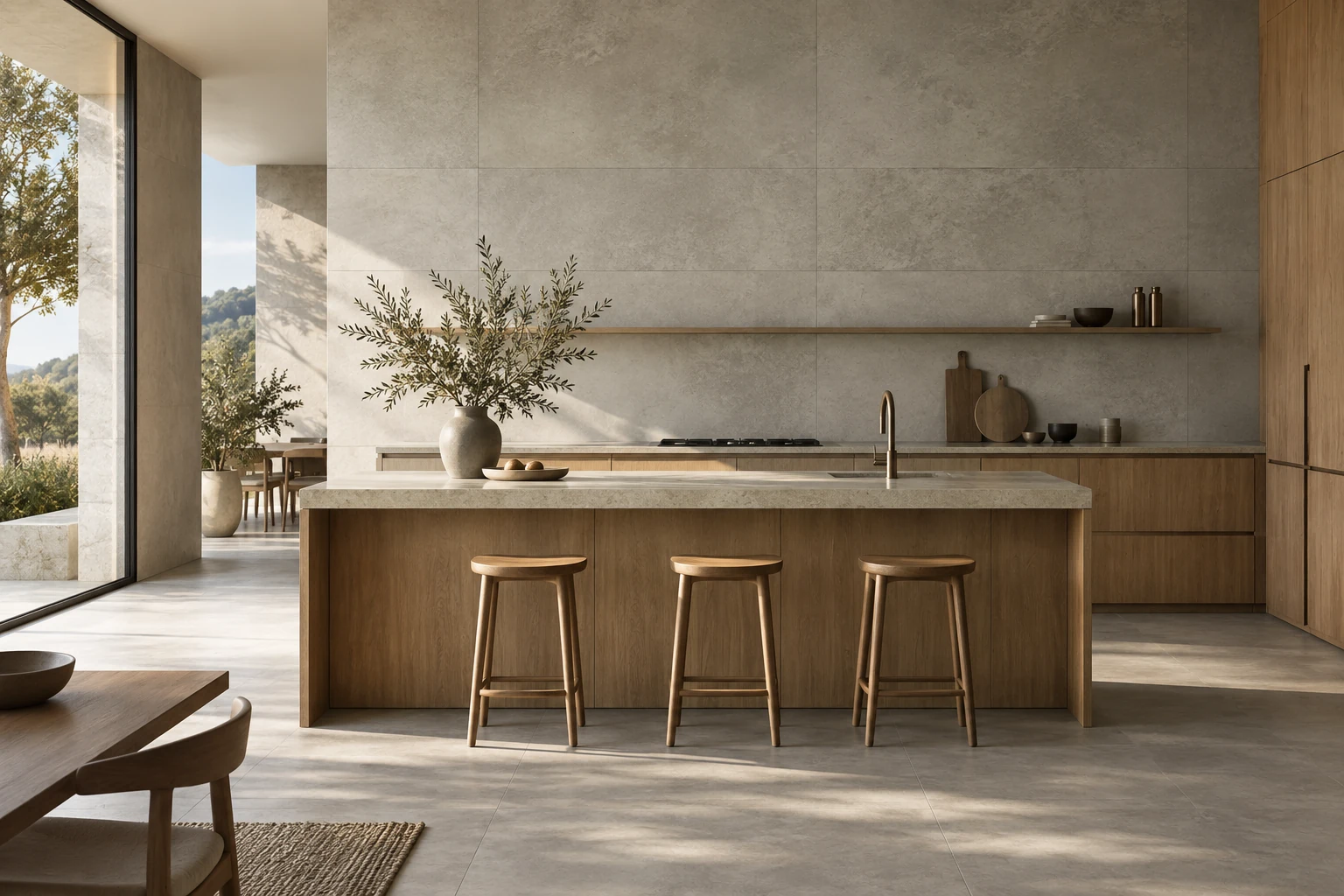 AI-generated design inspiration: a minimalist kitchen with concrete-look porcelain walls and natural oak cabinetry