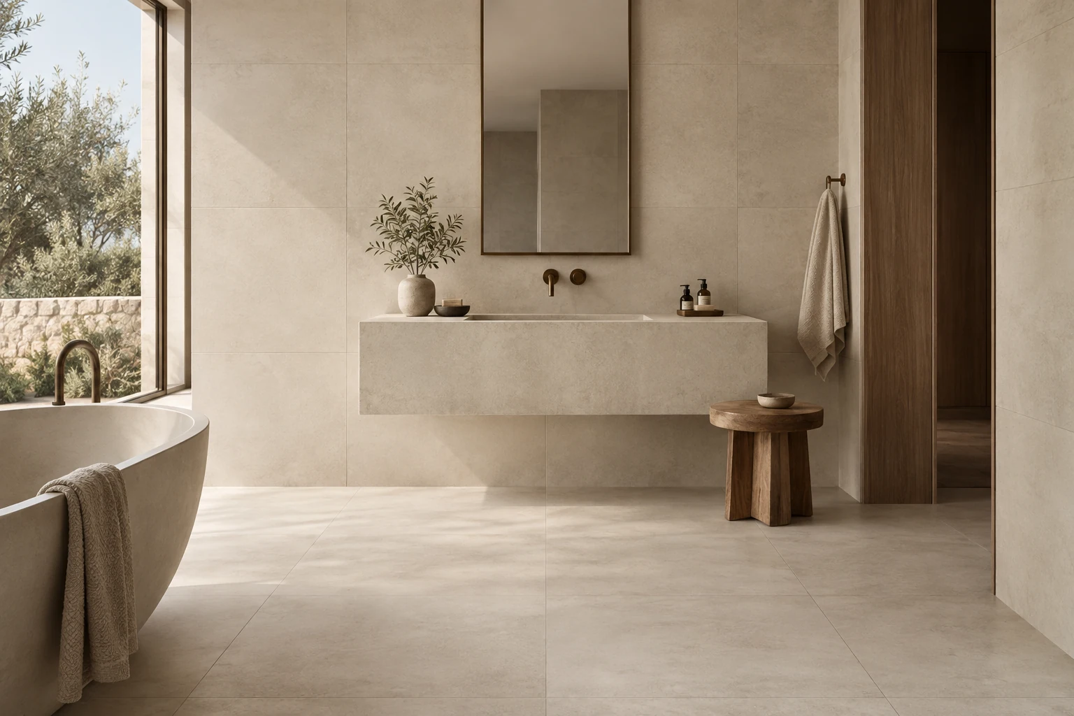 AI-generated design inspiration: a serene bathroom with pale cement-look tiles and a monolithic basin