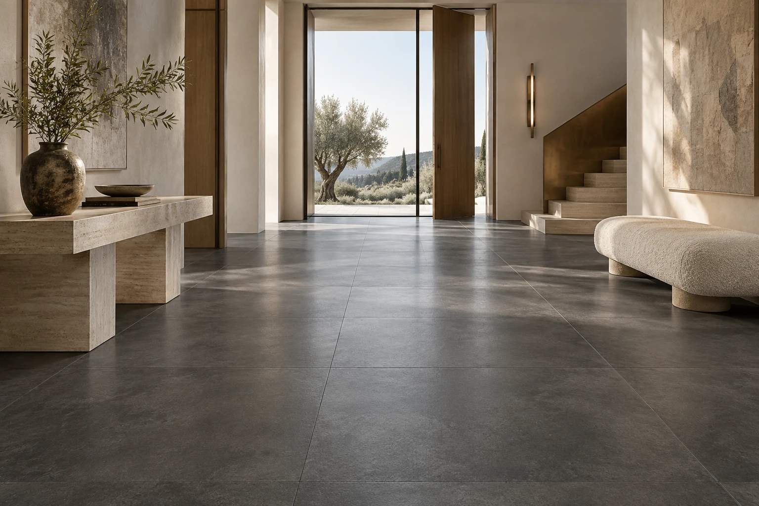 AI-generated design inspiration: a gallery-like entrance hall with charcoal concrete-look floor tiles