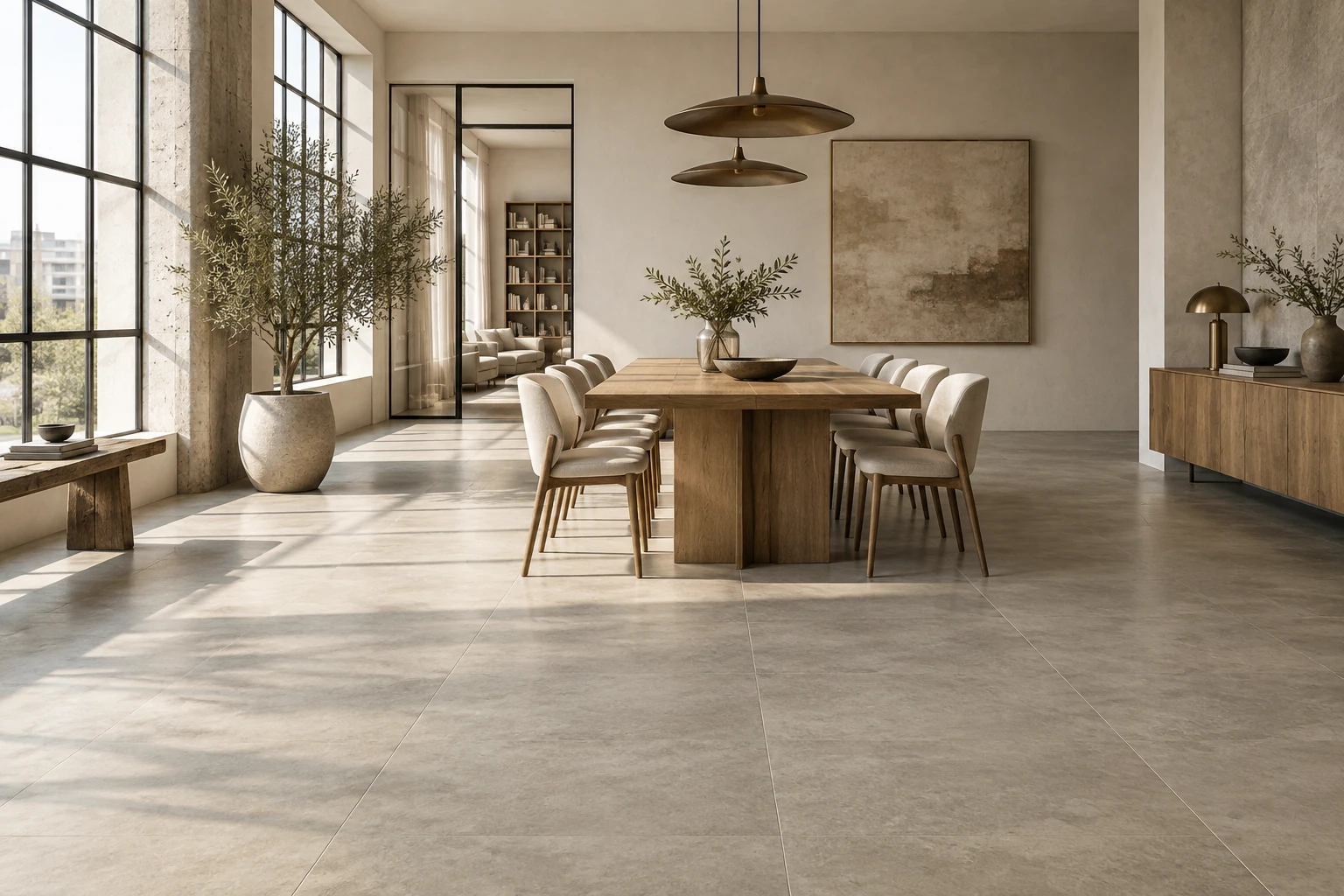 AI-generated design inspiration: a sunlit loft dining room with greige concrete-look porcelain flooring