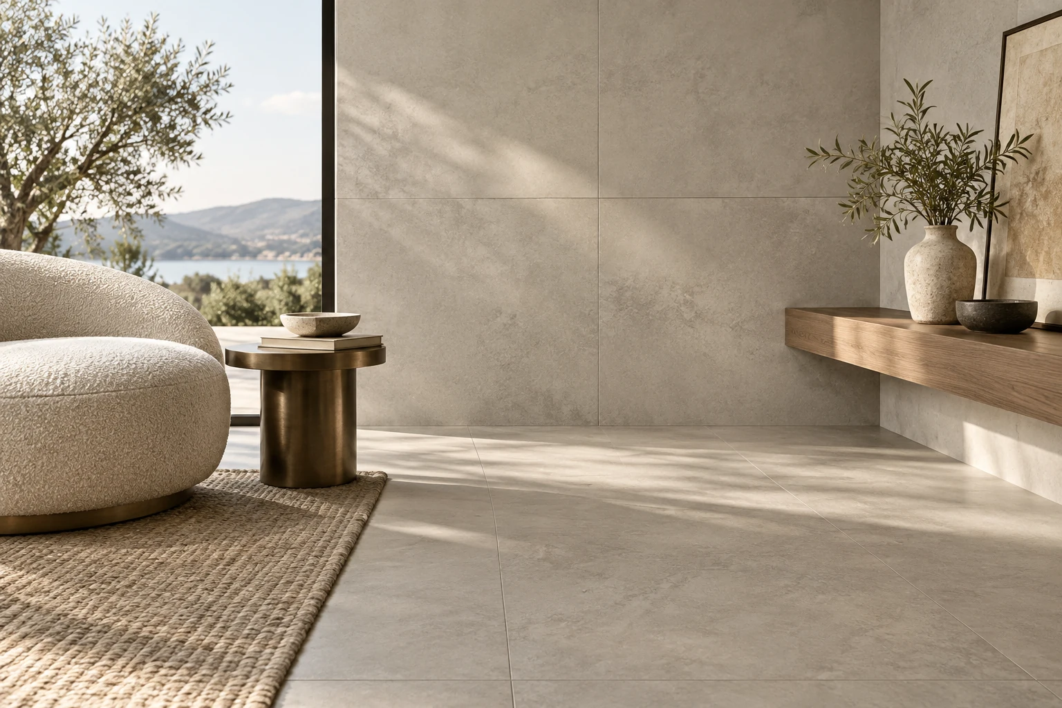 AI-generated design inspiration: an intimate detail of concrete-look wall and floor tiles meeting at a precise corner