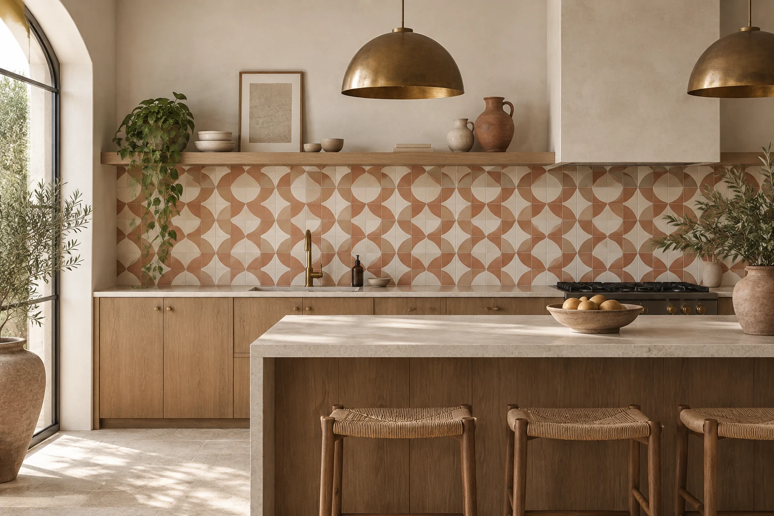 AI-generated design inspiration: a refined kitchen with restrained cream and terracotta geometric patterned tile backsplash