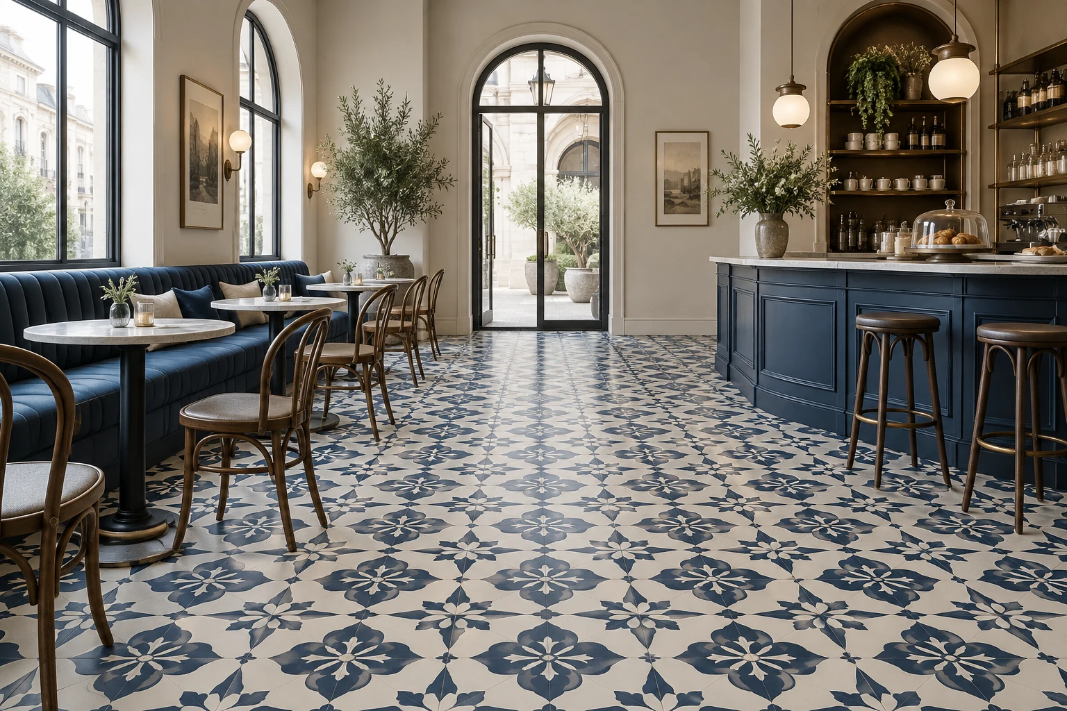 AI-generated design inspiration: a boutique cafe with sophisticated navy and ivory decorative floor tiles