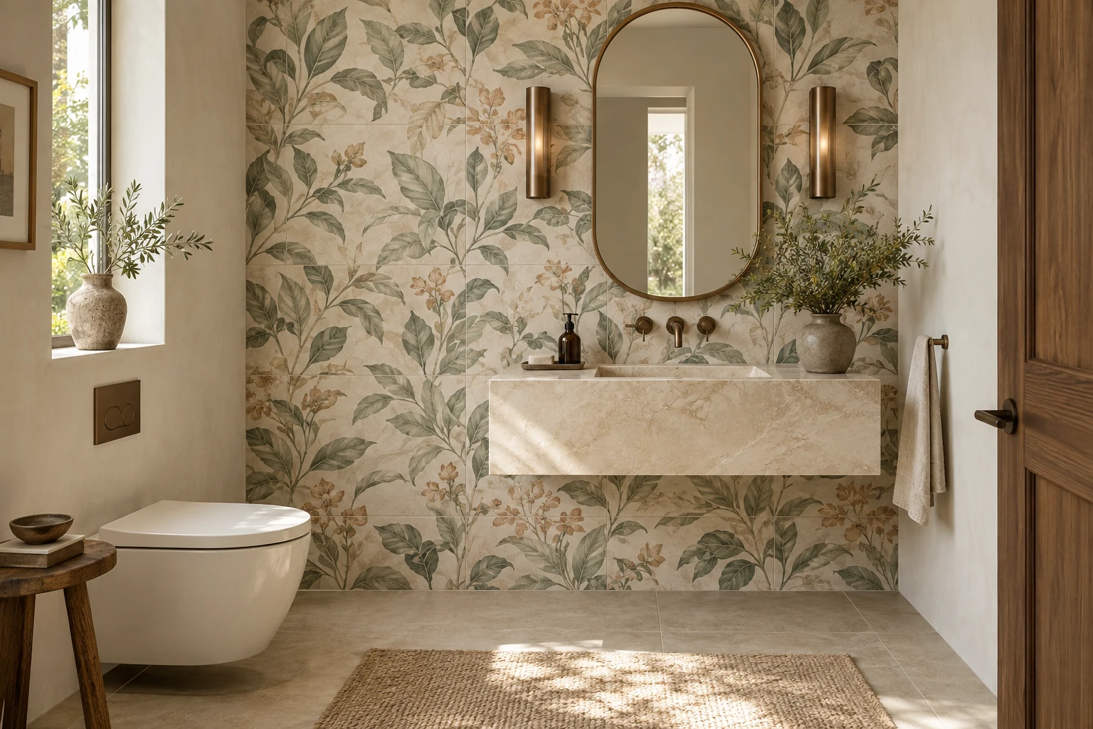 AI-generated design inspiration: a powder room with softly colored botanical patterned tile on one feature wall