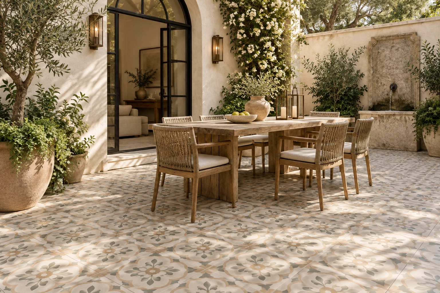 AI-generated design inspiration: a courtyard dining nook with warm Mediterranean decorative porcelain floor tiles