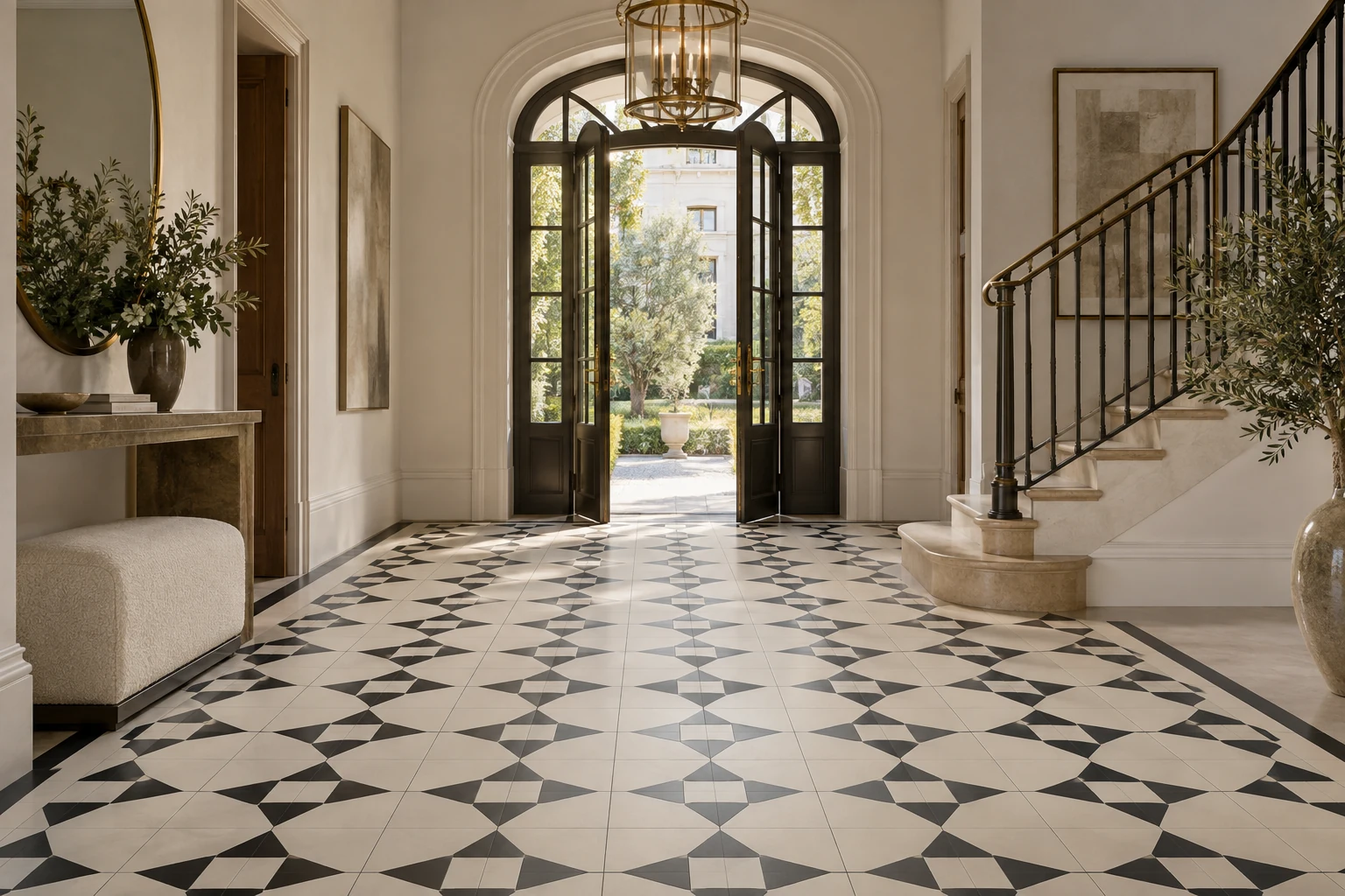 AI-generated design inspiration: an elegant entrance with black and cream geometric patterned flooring