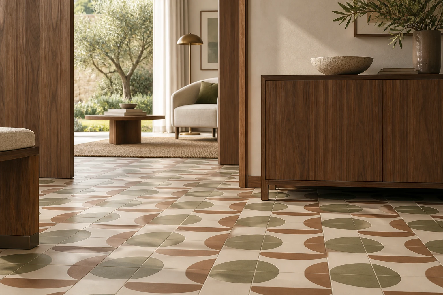 AI-generated design inspiration: a close detail of a restrained olive, cream and clay geometric tile pattern beside walnut joinery