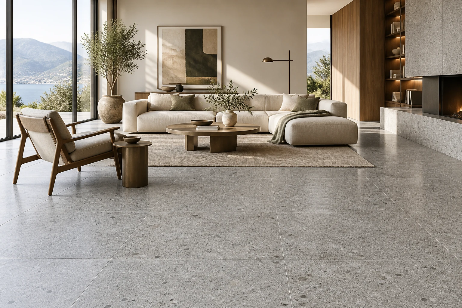 AI-generated design inspiration: a sophisticated living room with pale grey granite-look tile flooring