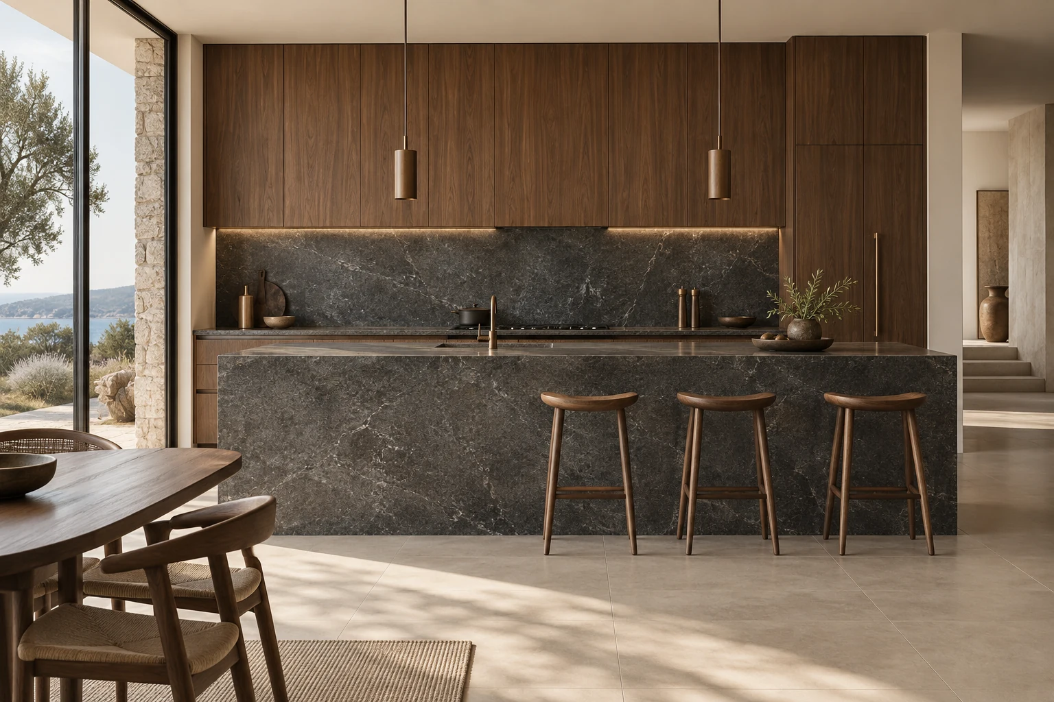 AI-generated design inspiration: a walnut kitchen with charcoal granite-look porcelain backsplash and island cladding