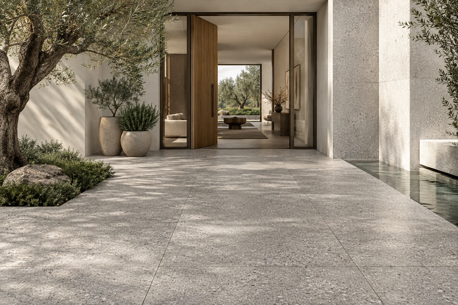 AI-generated design inspiration: a modern courtyard entry with warm grey speckled granite-look flooring