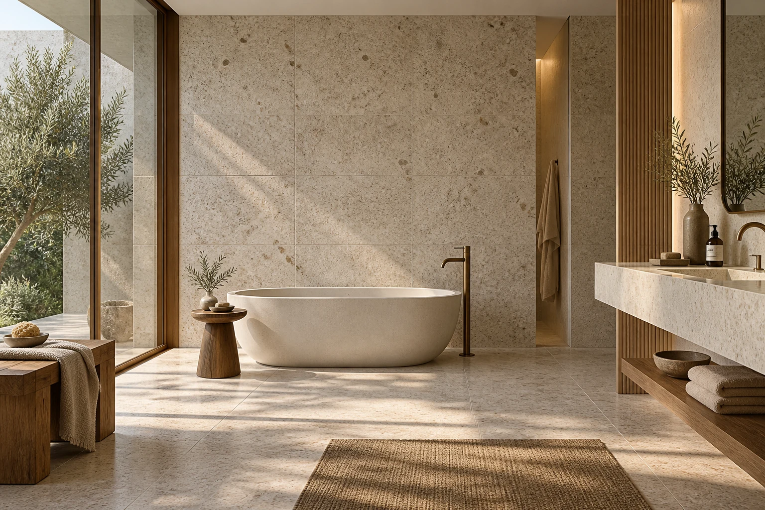 AI-generated design inspiration: a refined spa washroom with softly speckled granite-look wall tiles