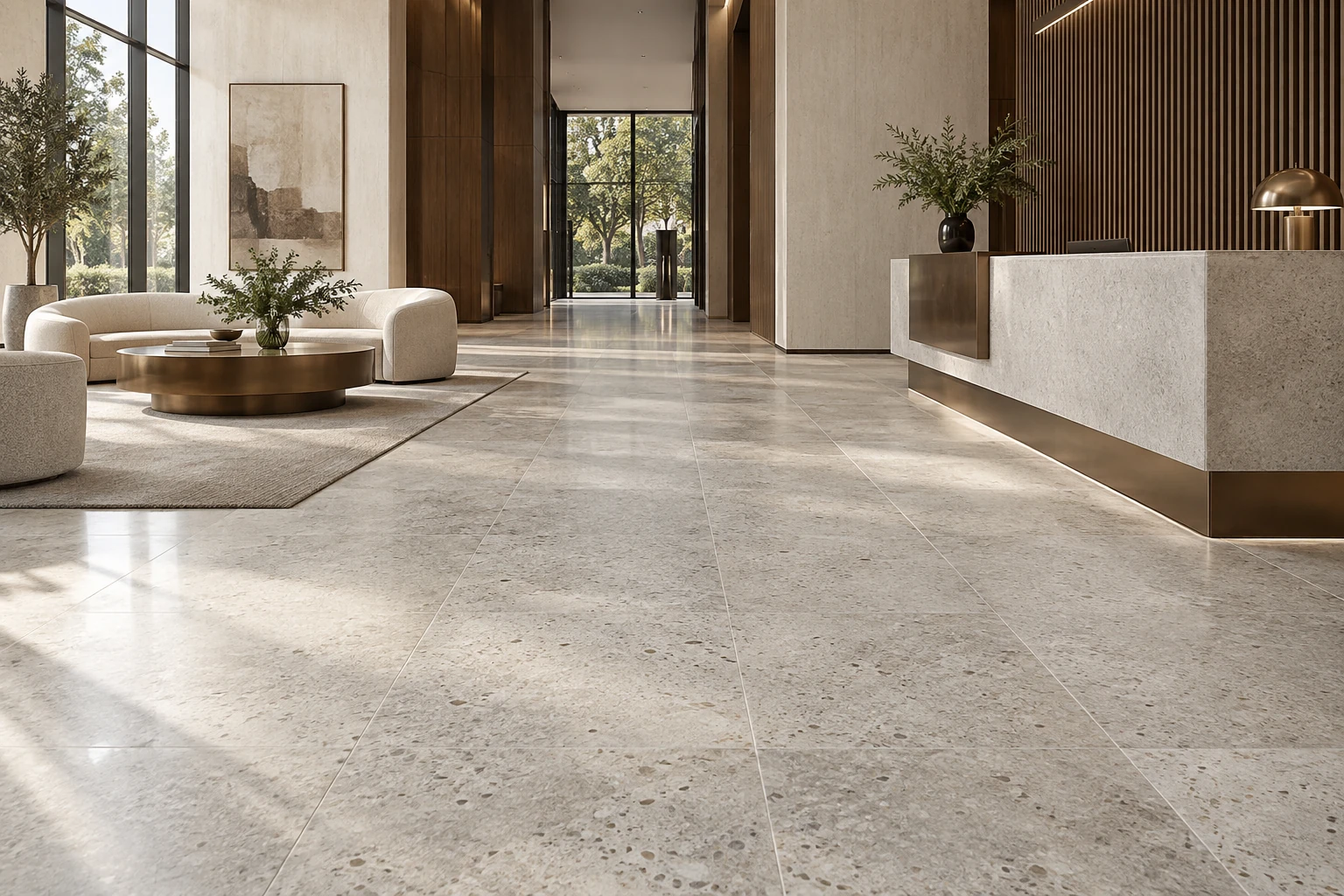 AI-generated design inspiration: a quiet contemporary office lobby with granite-look tile flooring and bronze accents
