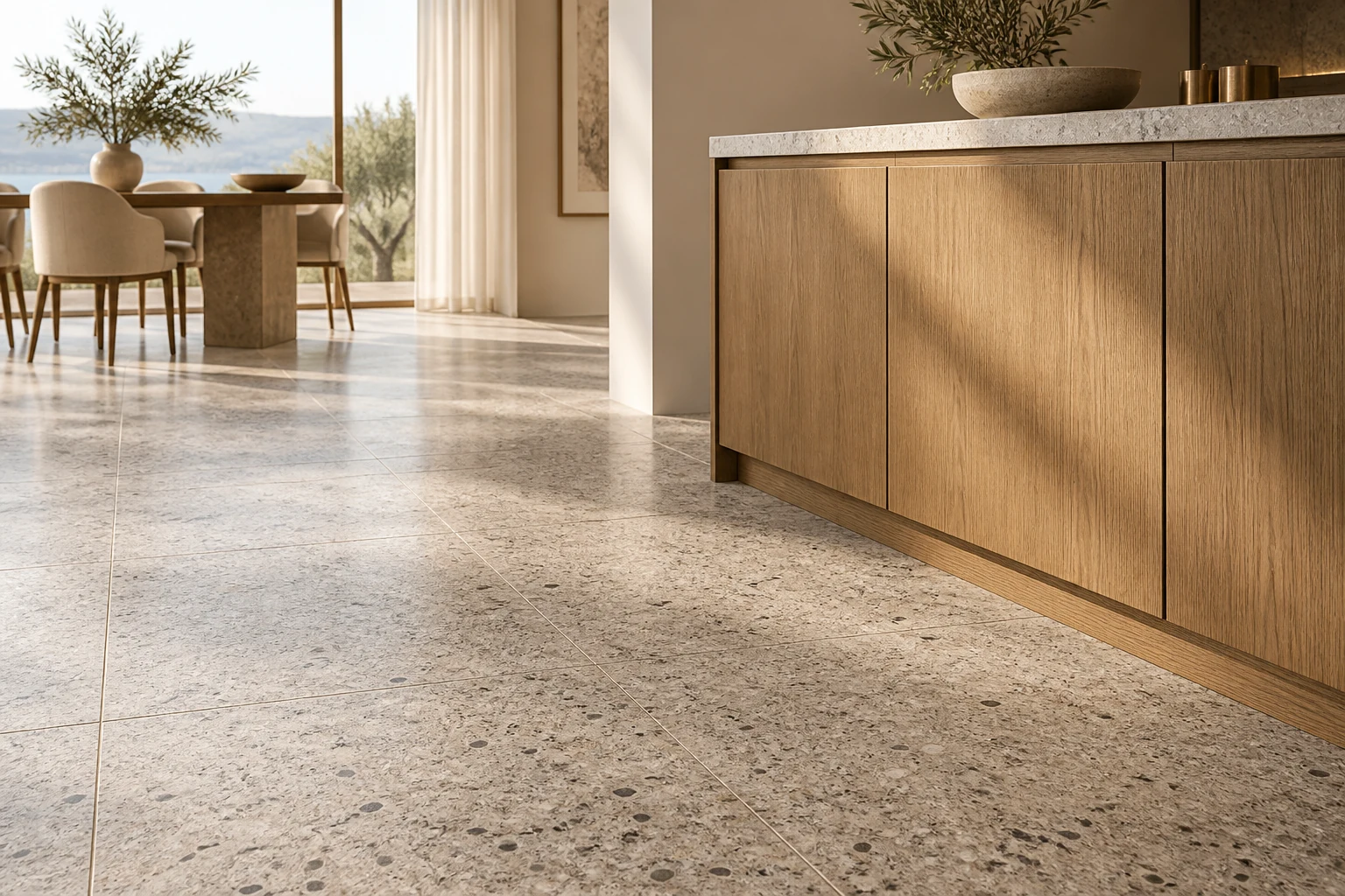 AI-generated design inspiration: a close-up of speckled granite-look porcelain tiles meeting a warm oak cabinet base