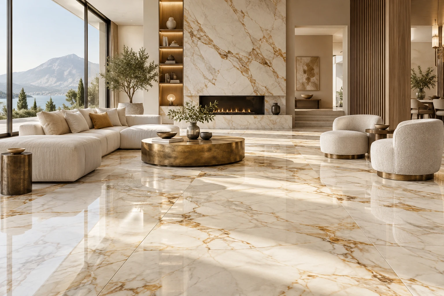 AI-generated design inspiration: a grand contemporary villa living room with expressive cream and gold marble-look flooring