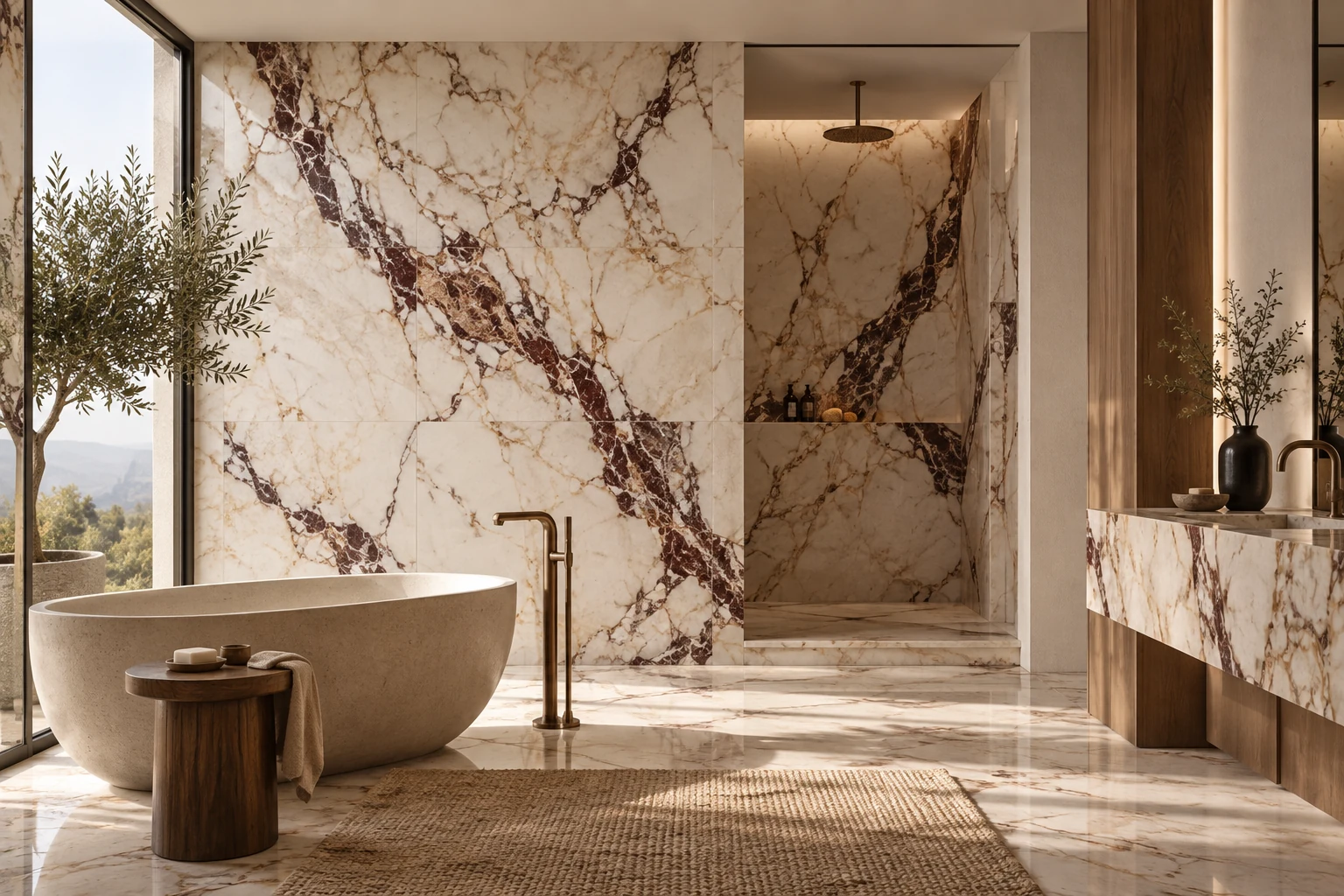 AI-generated design inspiration: a sculptural bathroom with dramatic burgundy-veined cream marble-look porcelain walls
