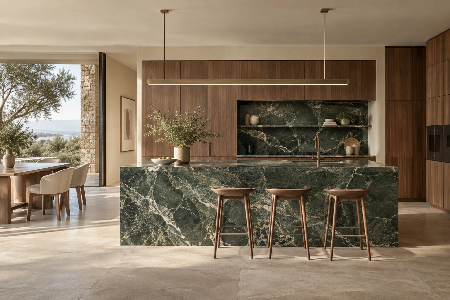 AI-generated design inspiration: an architectural kitchen with green marble-look porcelain island cladding and walnut doors