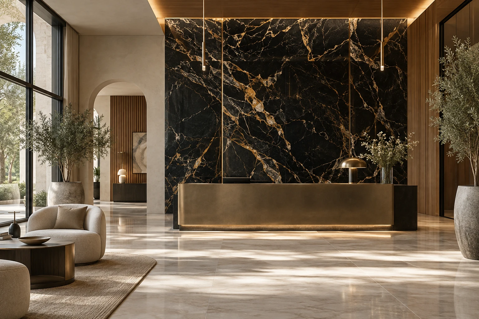 AI-generated design inspiration: a boutique hotel reception with bold black-and-gold marble-look wall panels
