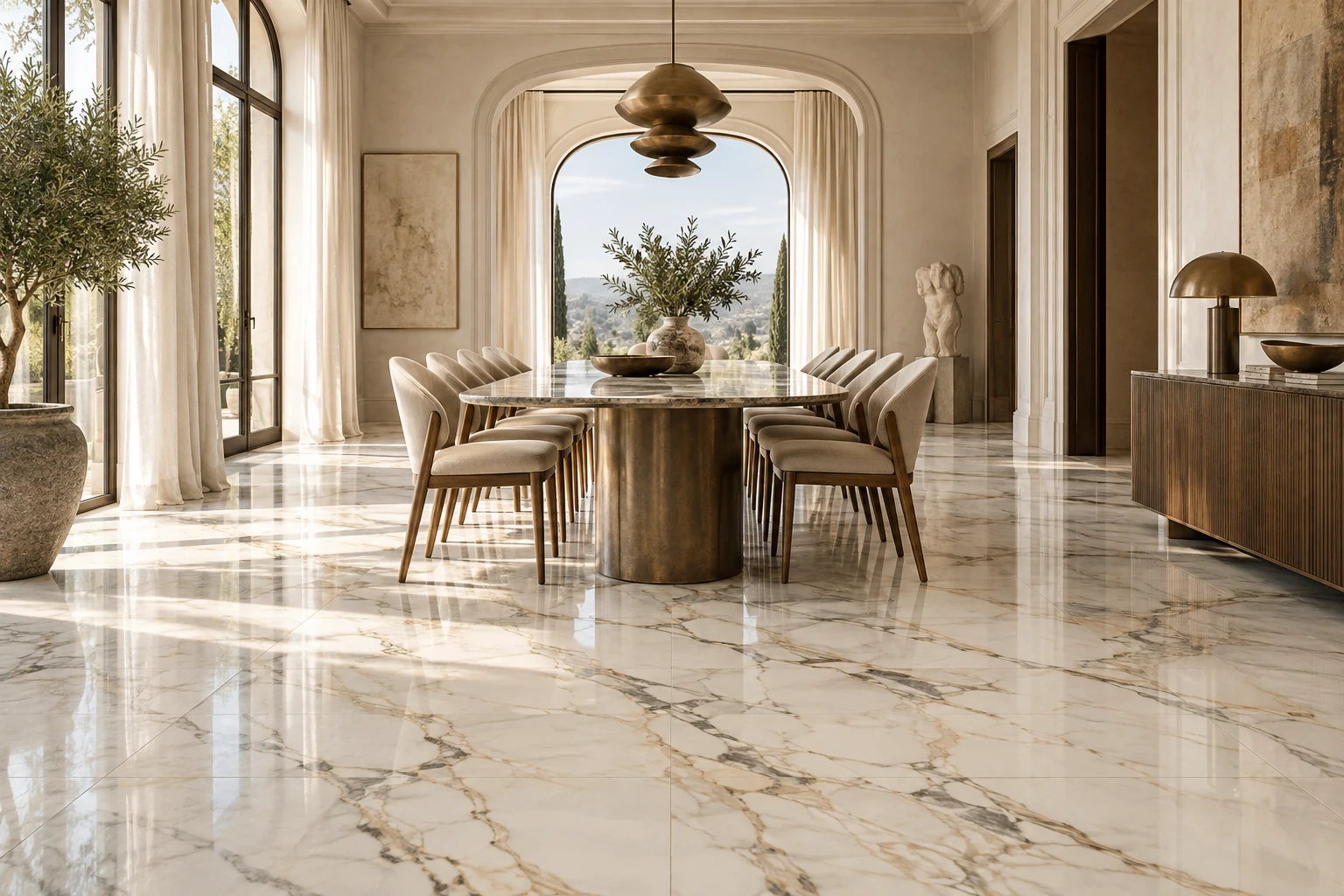AI-generated design inspiration: an elegant dining gallery with richly veined ivory marble-look porcelain flooring