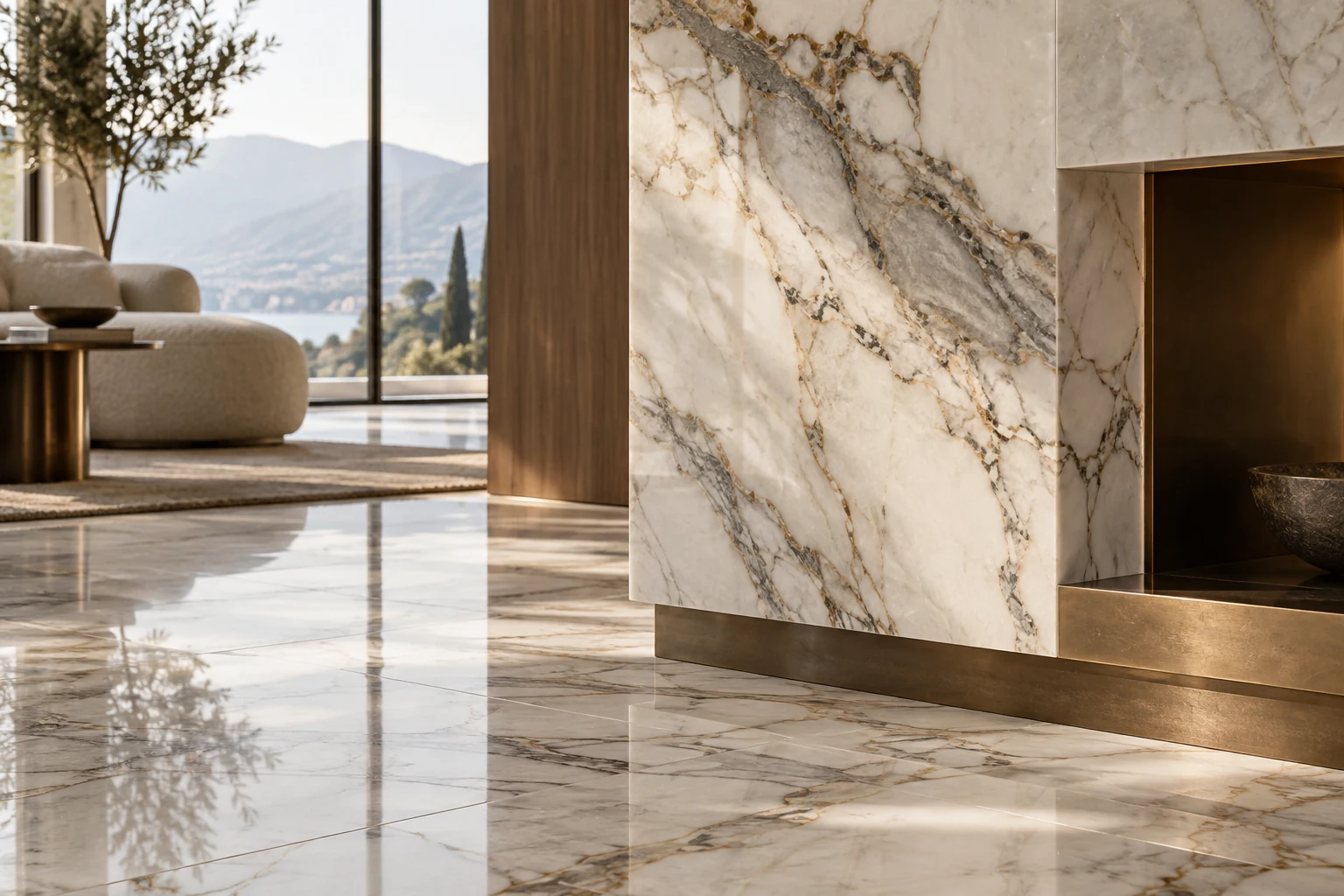 AI-generated design inspiration: a close detail of dramatic marble-look porcelain veining and a precise bronze junction
