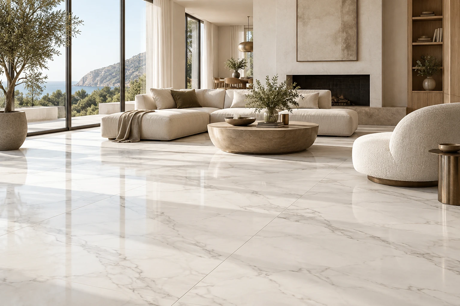AI-generated design inspiration: a luminous living room with soft-veined white marble-look porcelain flooring