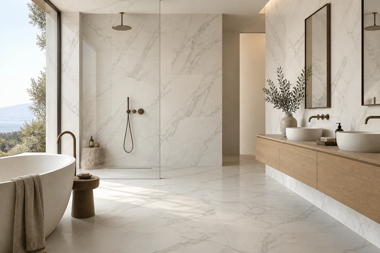AI-generated design inspiration: a minimalist bathroom with continuous marble-look walls and a floating oak vanity
