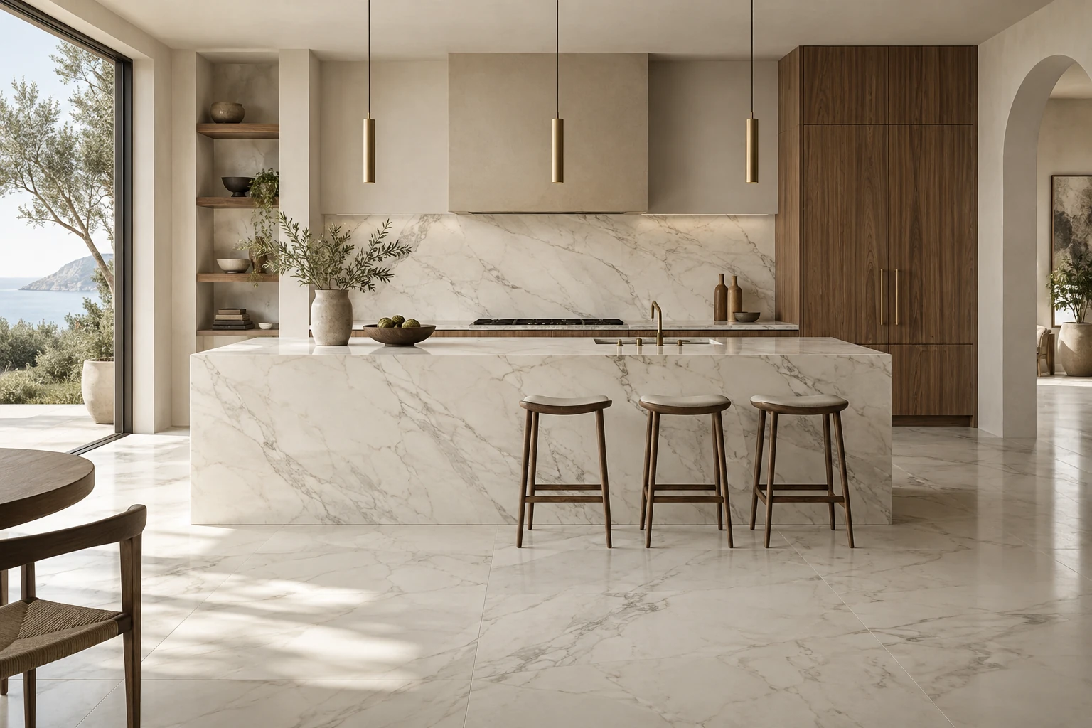 AI-generated design inspiration: an elegant kitchen with cream marble-look surfaces and restrained walnut cabinetry