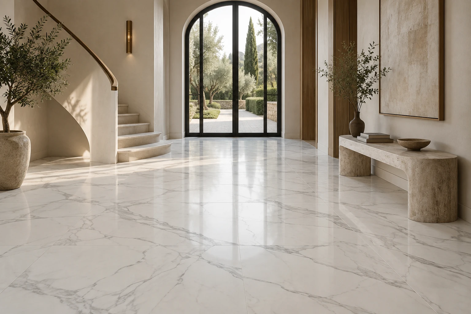 AI-generated design inspiration: a refined entrance hall with marble-look tile flooring and one sculptural bench