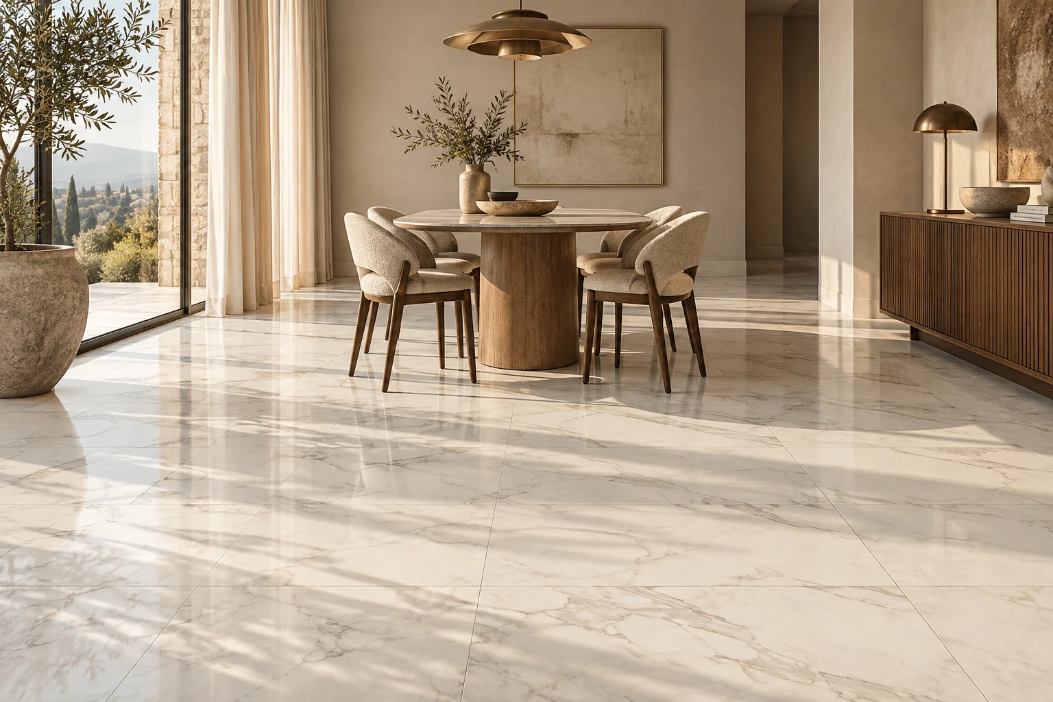 AI-generated design inspiration: a quiet dining room with marble-look porcelain flooring and warm side light