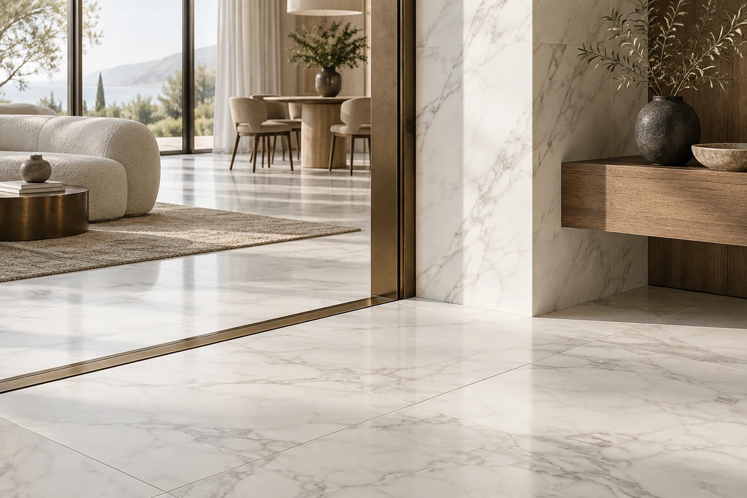 AI-generated design inspiration: a close architectural detail of marble-look tiles, precise grout joints and a brushed bronze threshold