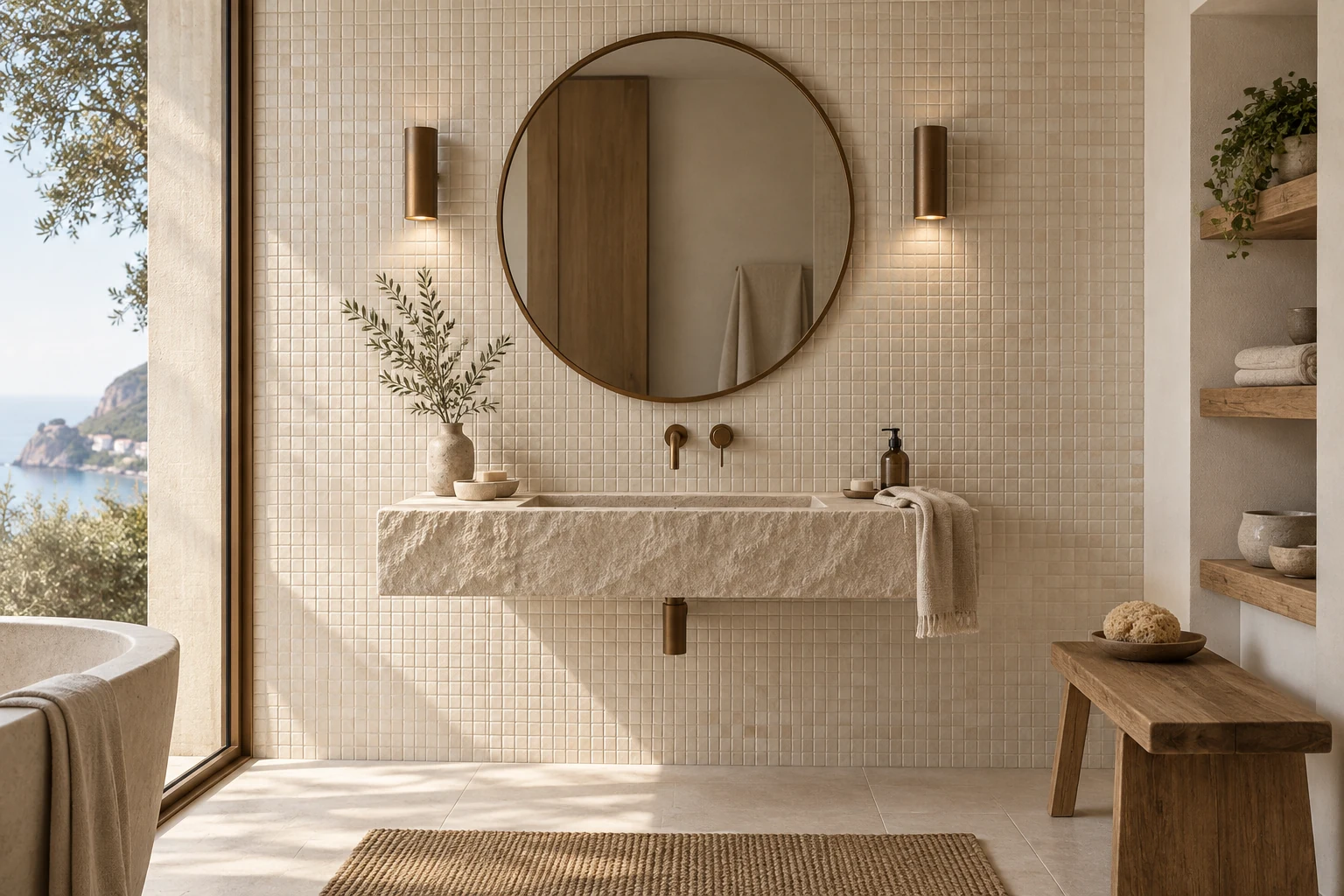 AI-generated design inspiration: a refined bathroom with ivory square mosaic wall tiles and a carved stone basin