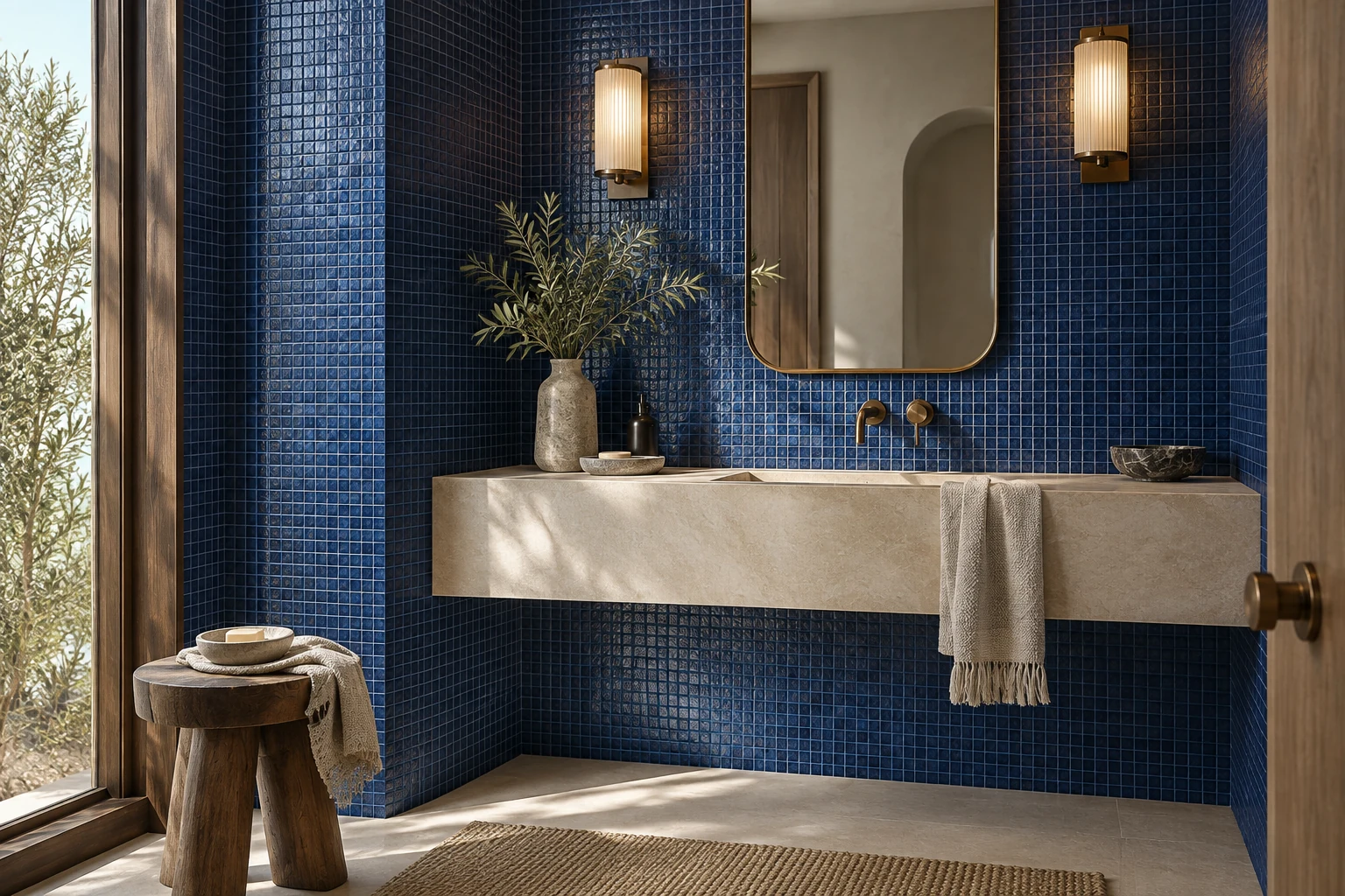AI-generated design inspiration: a softly lit powder room with deep cobalt-blue small square mosaic walls