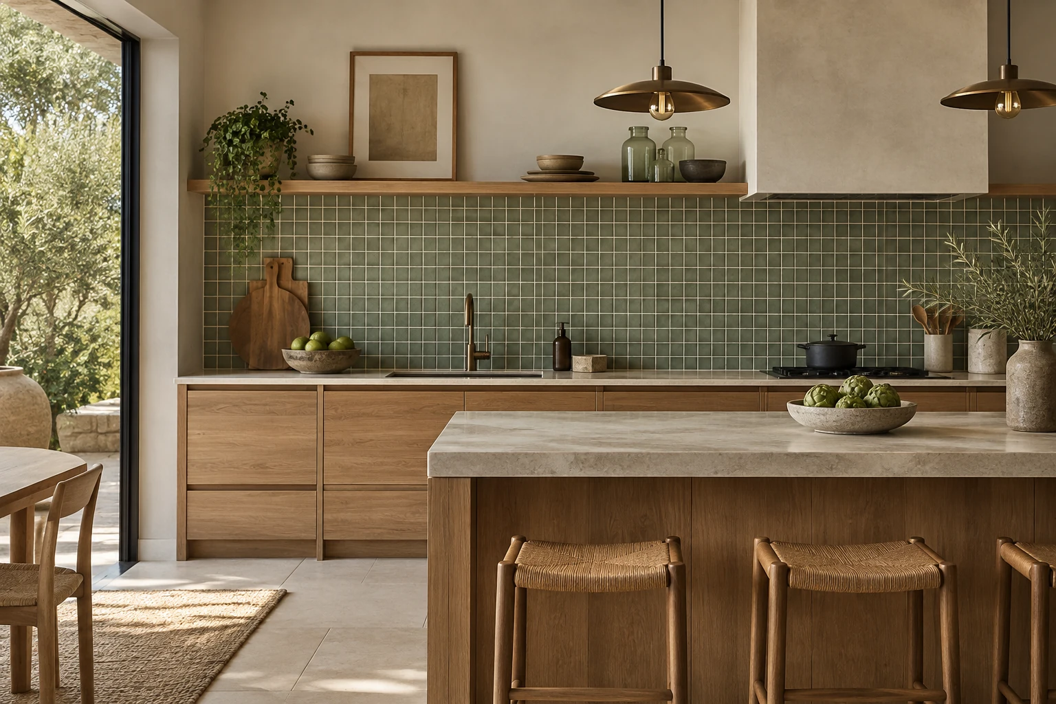 AI-generated design inspiration: an elegant kitchen with sage-green mosaic backsplash and warm oak cabinetry