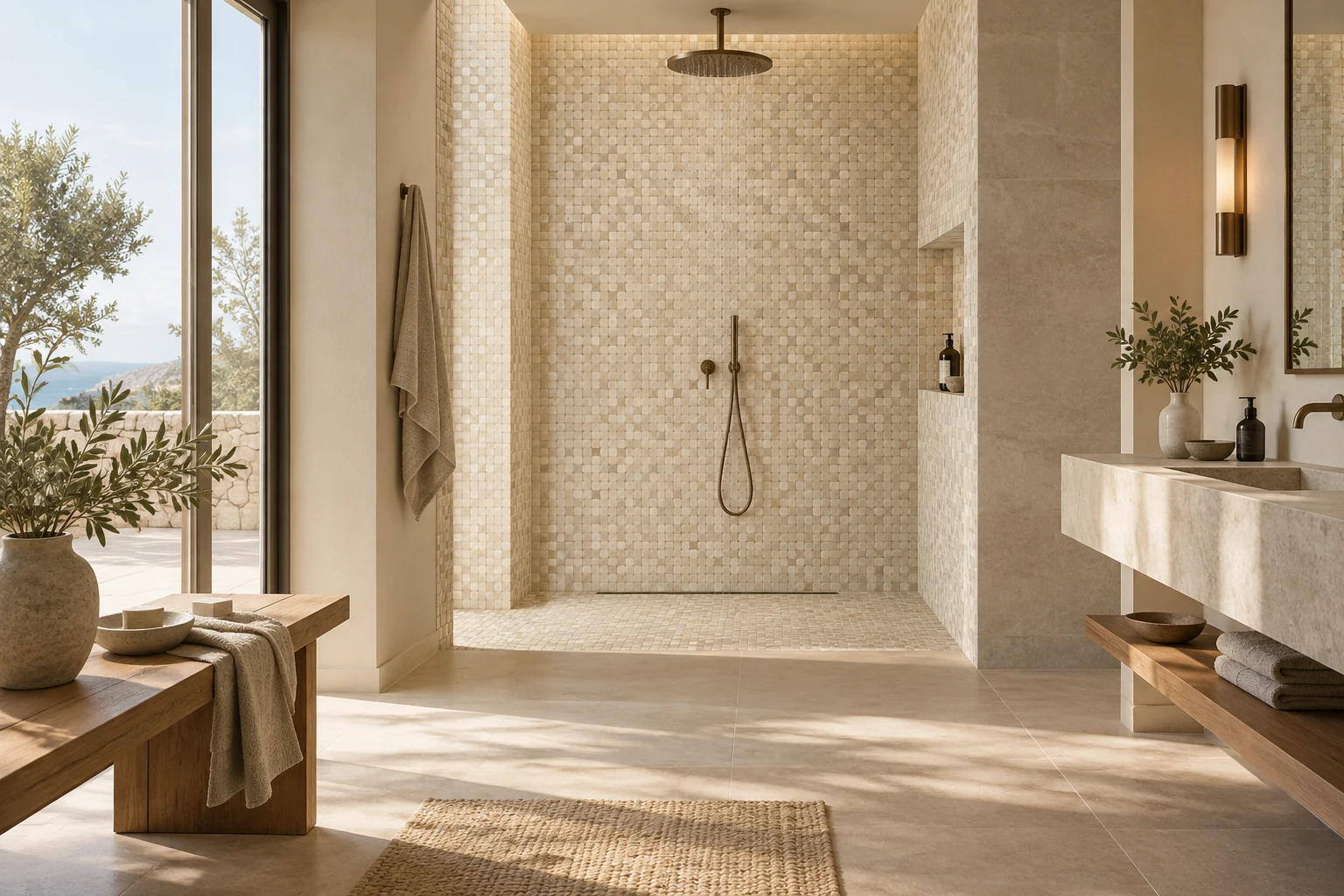 AI-generated design inspiration: a spa shower alcove with cream and sand mosaic tesserae