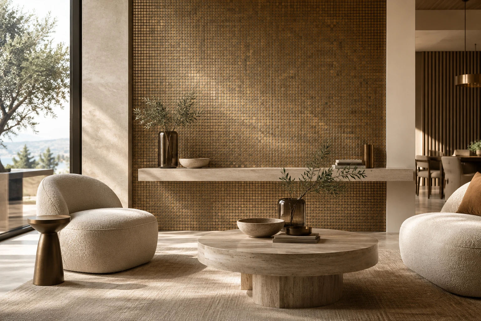 AI-generated design inspiration: a boutique lounge feature wall with restrained warm bronze-toned mosaic tiles