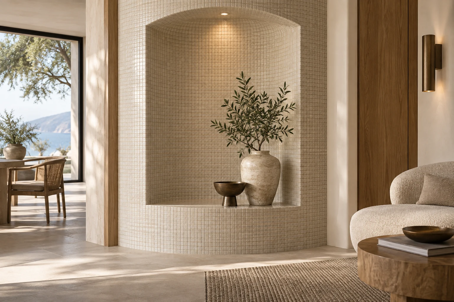 AI-generated design inspiration: a close detail of tiny porcelain mosaic tesserae wrapping a curved architectural niche