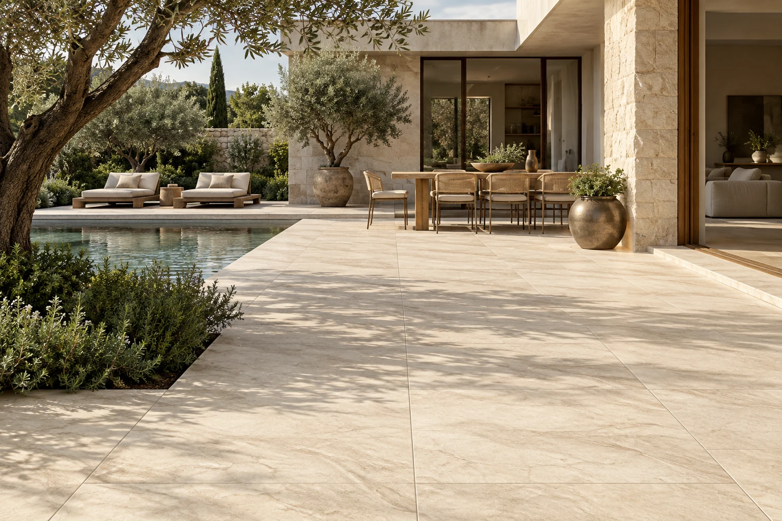 AI-generated design inspiration: a sunlit landscaped courtyard with warm limestone-look porcelain pavers