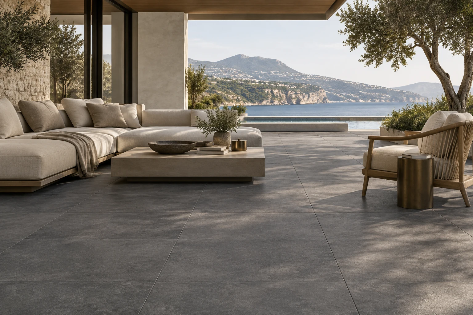 AI-generated design inspiration: a shaded contemporary villa terrace with charcoal porcelain pavers and linen seating