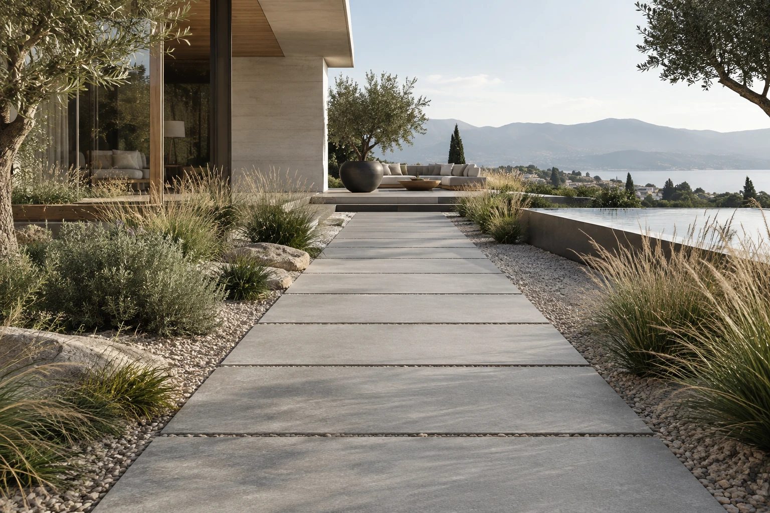 AI-generated design inspiration: a modern garden path of broad grey pavers among ornamental grasses