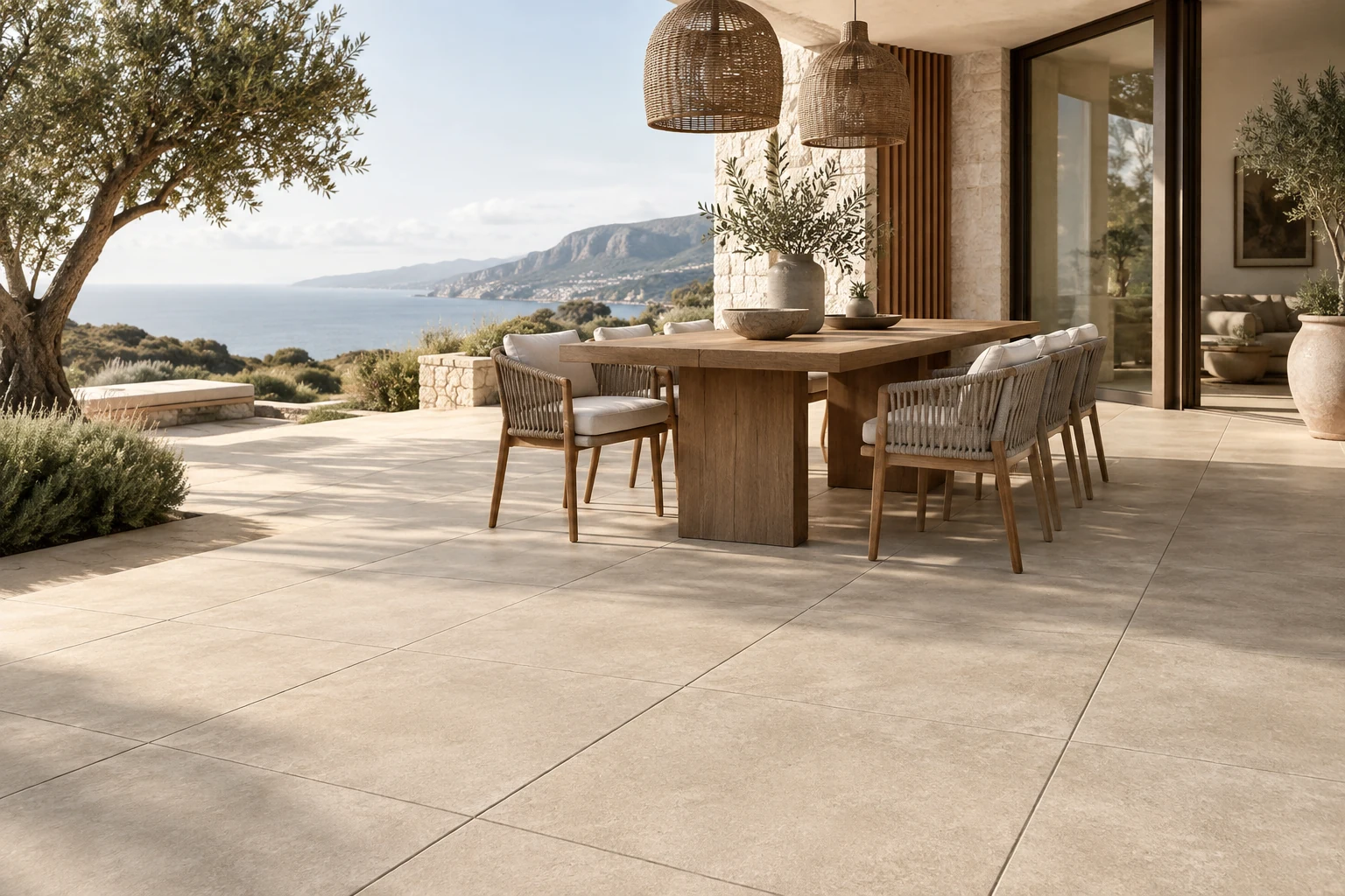 AI-generated design inspiration: an elegant outdoor dining terrace with sand-toned porcelain pavers