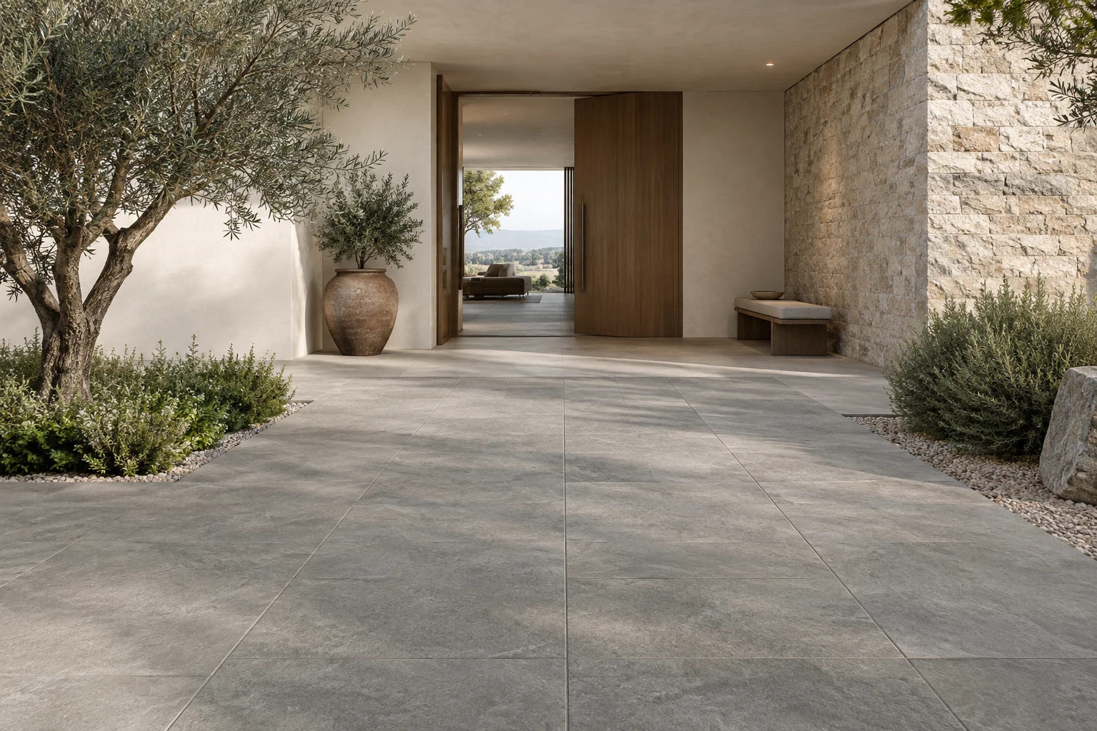 AI-generated design inspiration: a minimalist entrance forecourt with textured grey architectural pavers