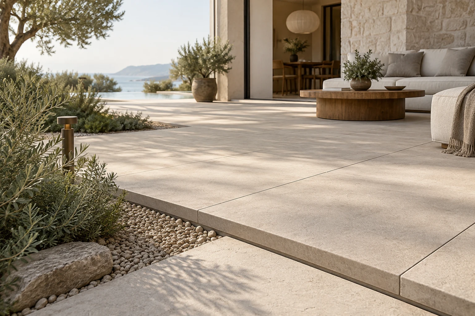 AI-generated design inspiration: a close detail of outdoor porcelain paver edges, neat joints and planted gravel border