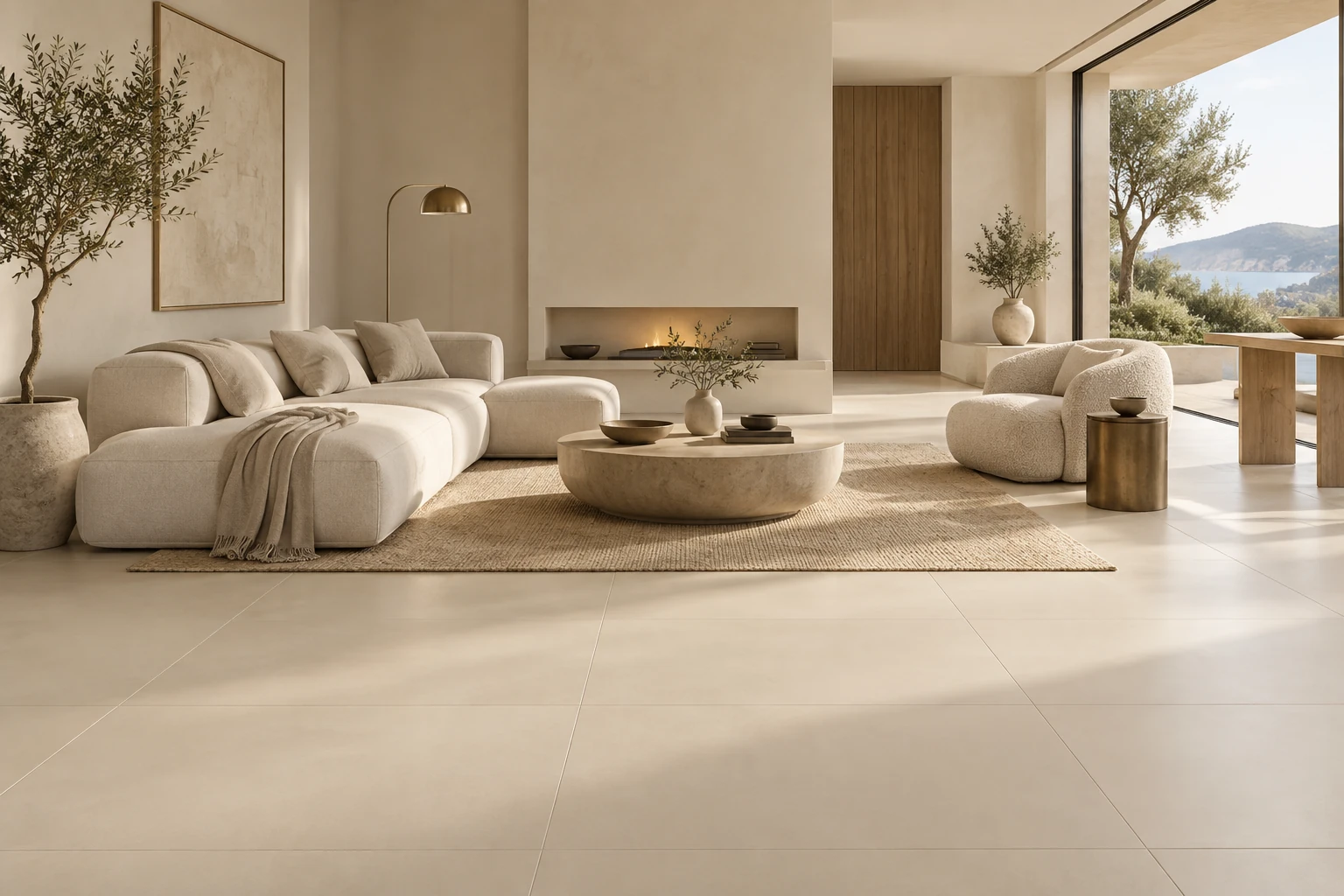 AI-generated design inspiration: a warm ivory monochromatic living room with solid ivory tile flooring
