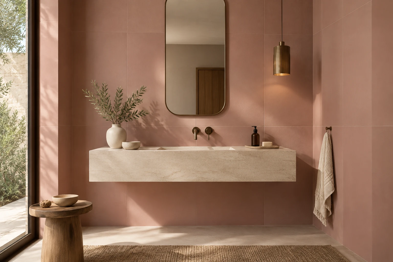 AI-generated design inspiration: a powder room with muted dusty-rose solid-color tile walls and a cream basin