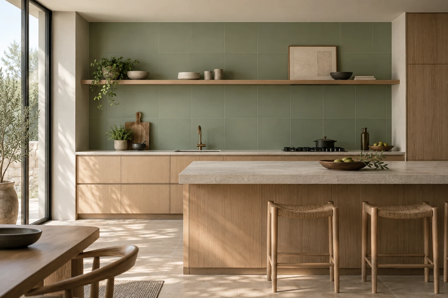 AI-generated design inspiration: a refined sage-green kitchen with solid sage tile backsplash and pale oak cabinets
