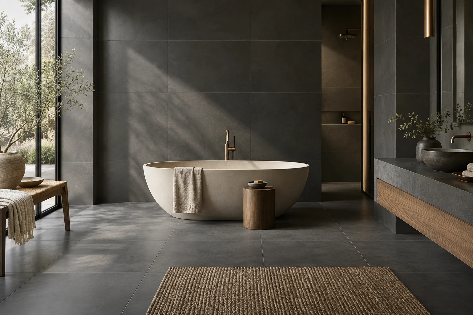 AI-generated design inspiration: a dramatic charcoal bathroom with solid charcoal tile walls and soft grazing light