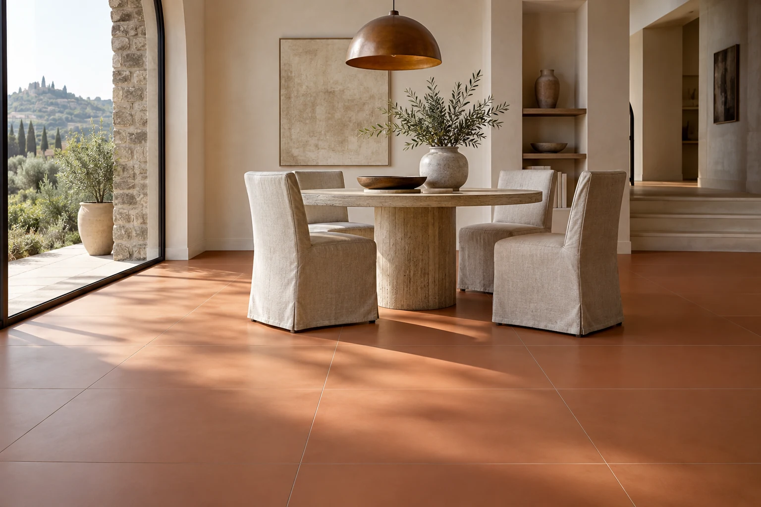 AI-generated design inspiration: a sunlit dining nook with terracotta solid-color floor tiles and linen seating