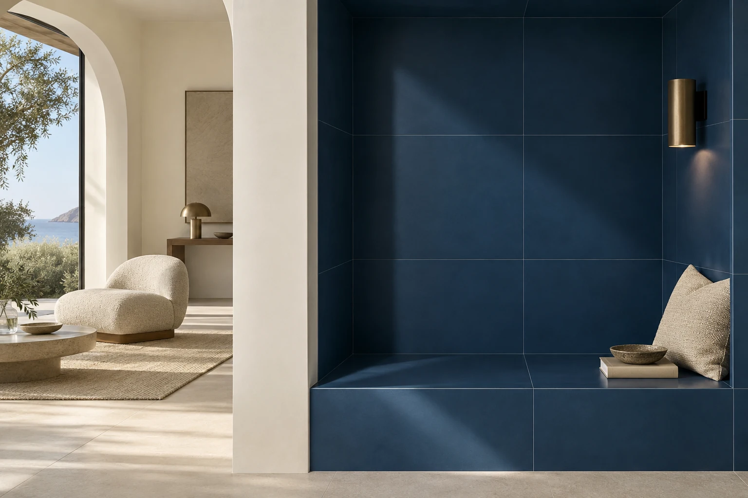 AI-generated design inspiration: a minimalist deep-blue tiled alcove beside an ivory wall, close detail of crisp joints